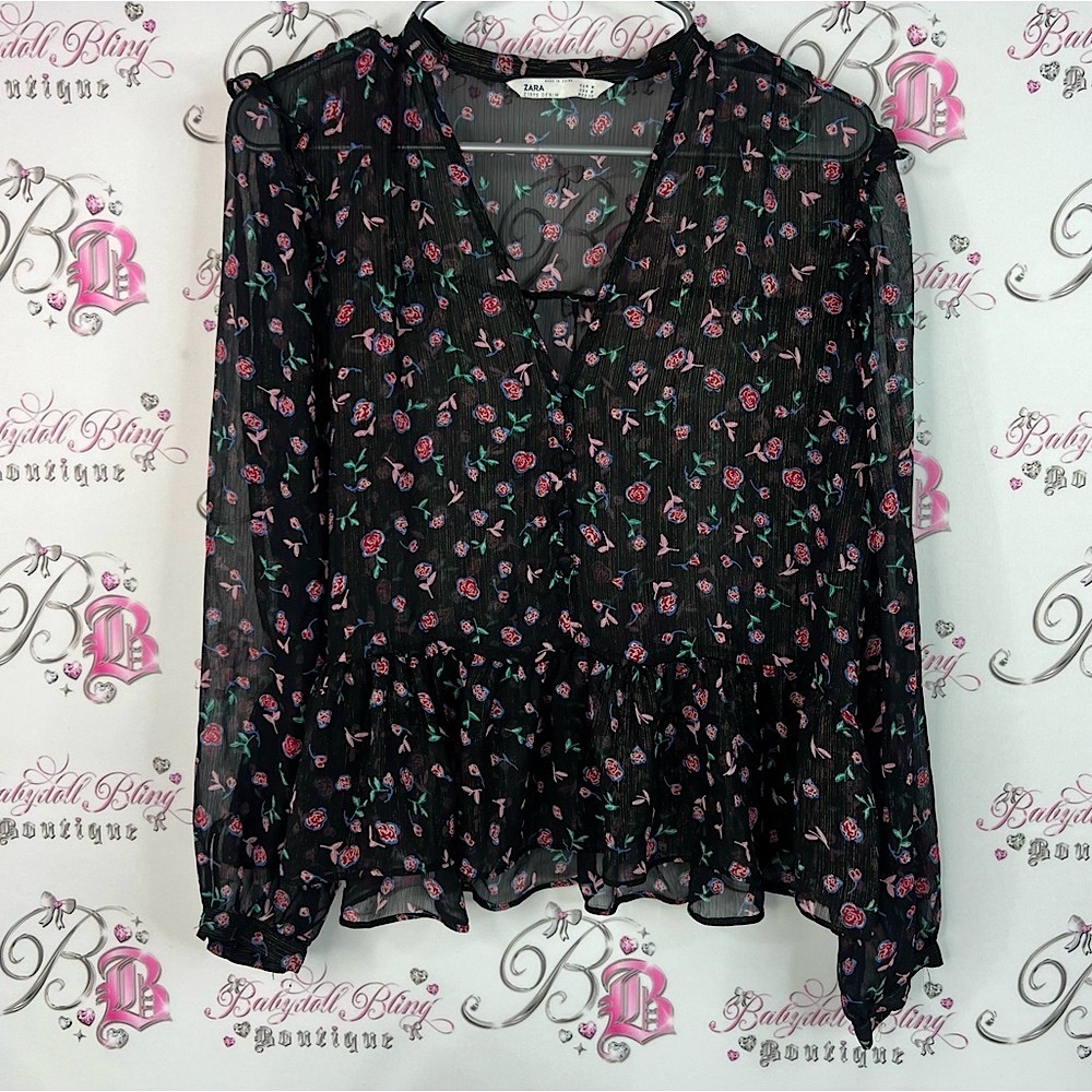 Zara top long sleeve roses pink green Black Floral Sheer Blouse